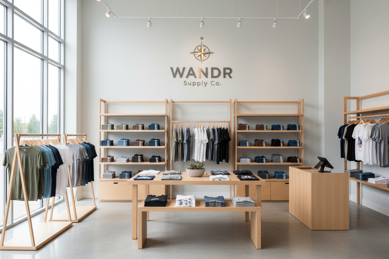 clean t shirt store with WANDR Supply Co. on the wall